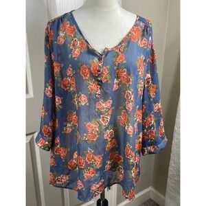 Bobbie Brooks‎ Floral Blouse Sheer 3/4 Sleeve Button Detail Boho Chic Plus 3X